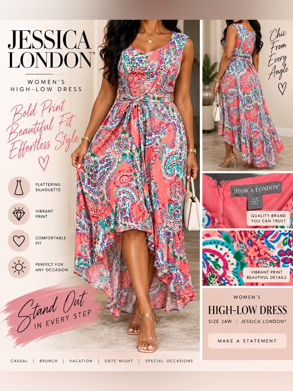 Jessica London Coral Paisley High-Low Dress size 24